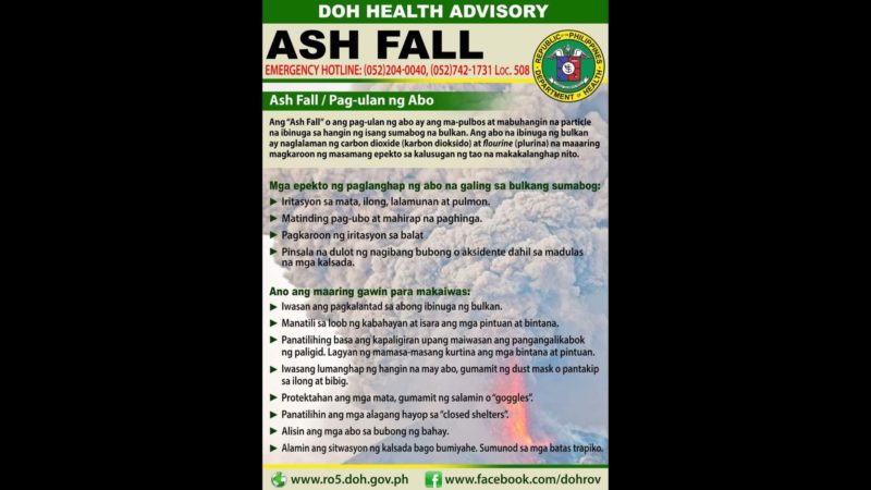 Mga residenteng apektado ng pagputok ng Bulkang Bulusan pinag-iingat ng DOH sa epekto ng ash fall sa kalusugan
