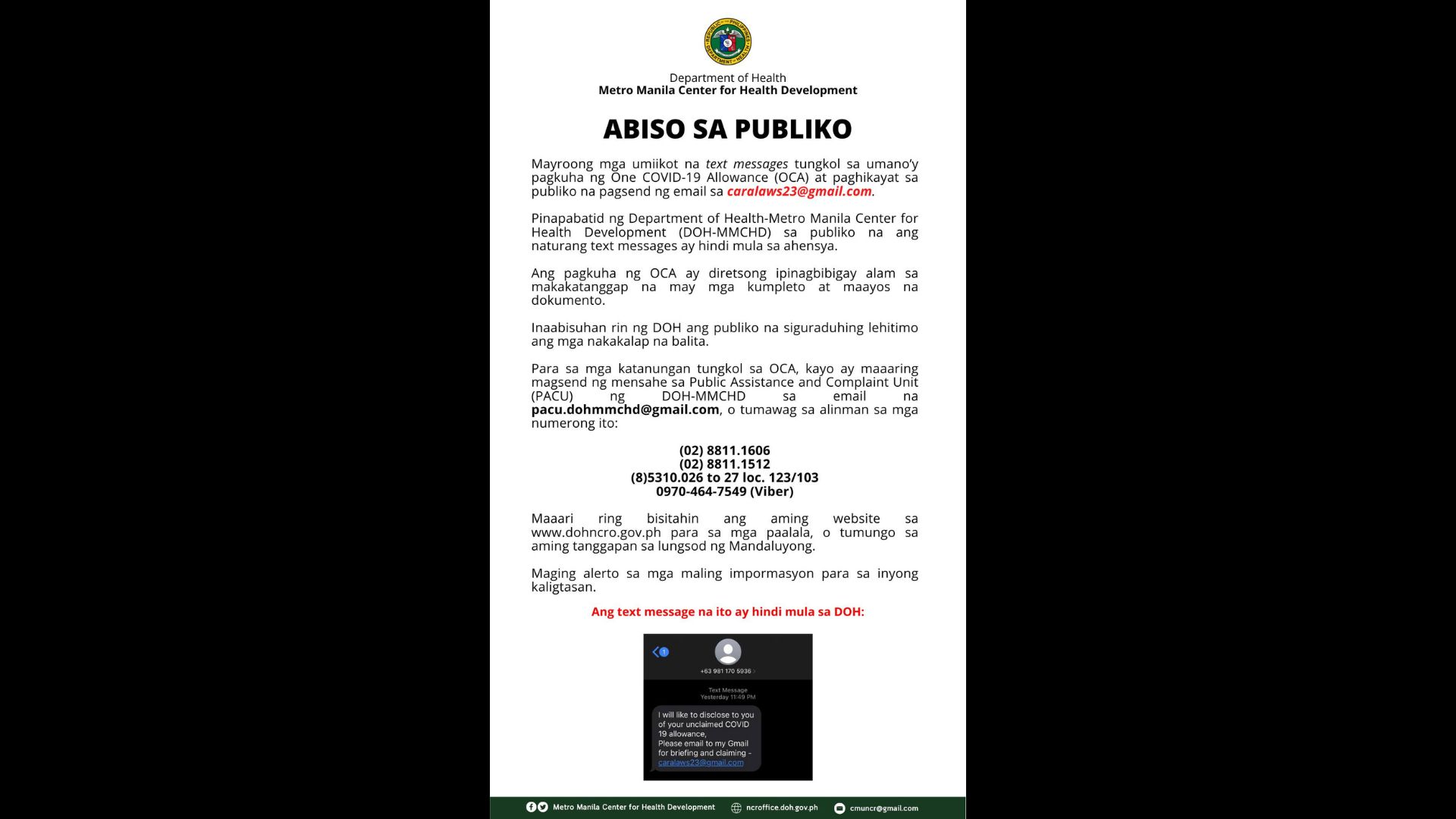 DOH-Metro Manila Center for Health Development nagbabala sa publiko sa kumakalat na text tungkol sa One COVID-19 Allowance 