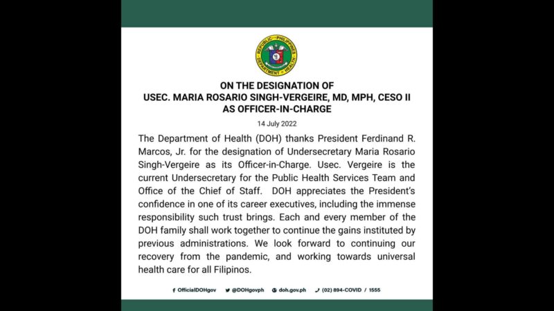 DOH nagpasalamat sa paghirang ni PBBM kay Usec. Vergeire bilang OIC