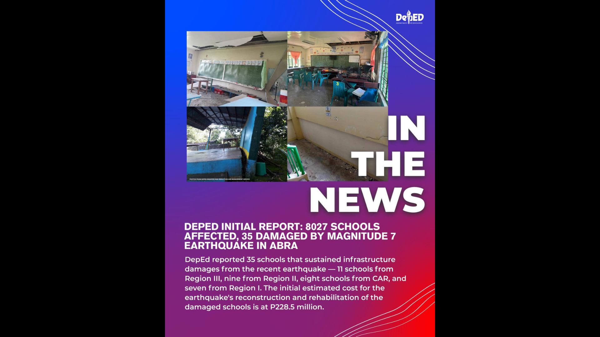 35 paaralan napinsala ng tumamang magnitude 7.0 na lindol sa Abra