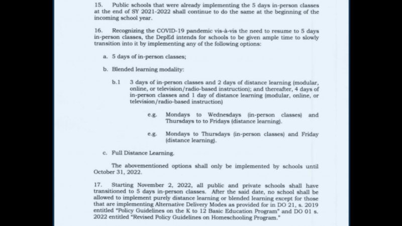 5 days in-person classes sa lahat ng paaralan kailangang maipatupad pagsapit ng Nov. 2, 2022 ayon sa DepEd