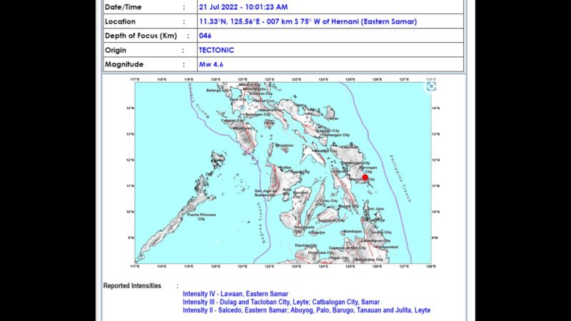 Hernani, Eastern Samar niyanig ng magnitude 4.6 na lindol