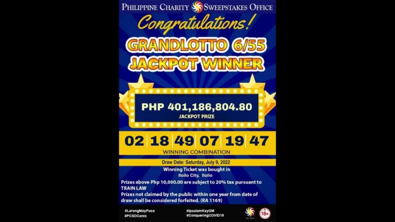 Nag-iisang mananaya wagi ng mahigit P401M na jackpot sa Grand Lotto