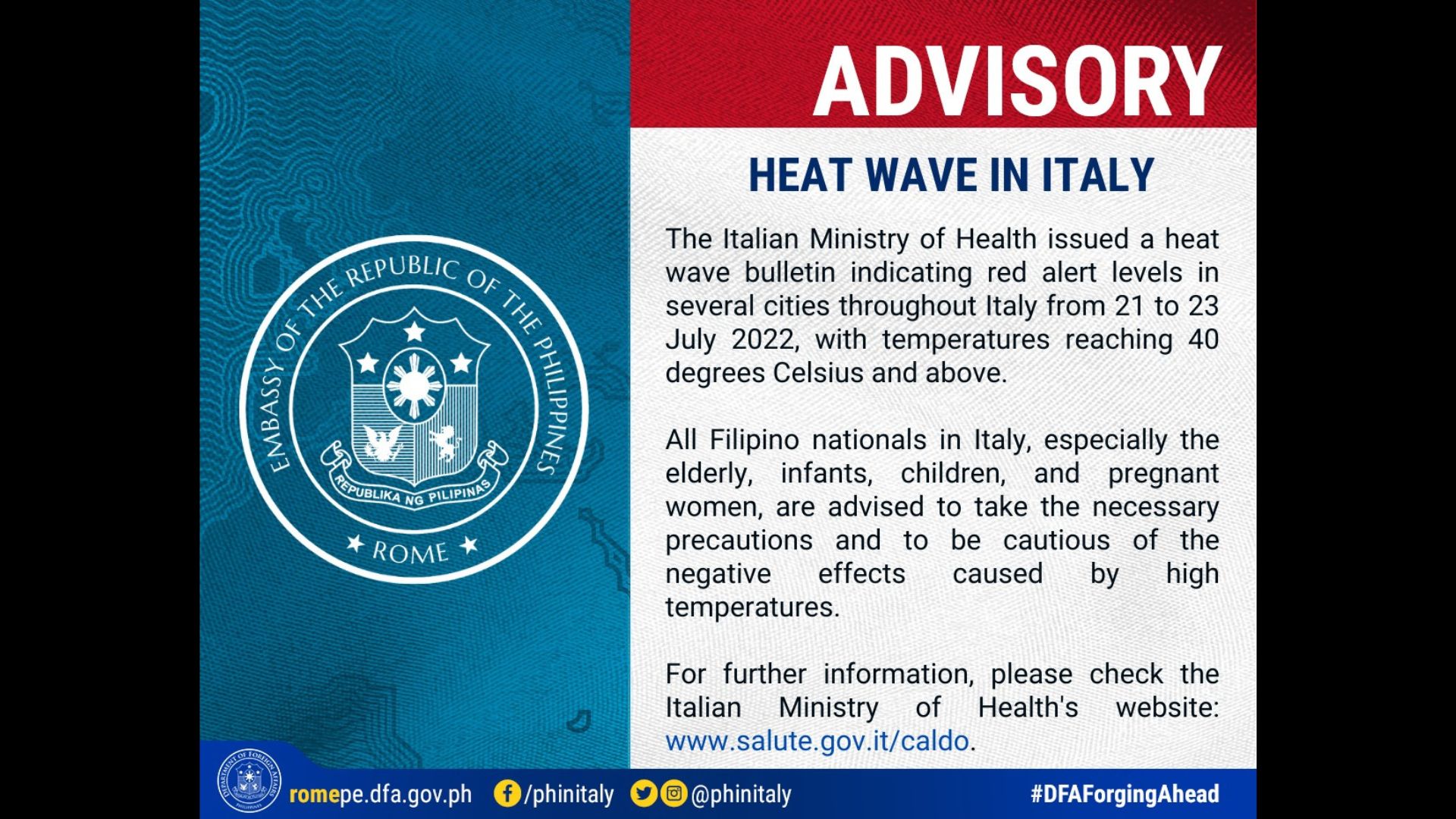 Mga Pinoy sa Italy pinag-iingat dahil sa nararanasang heat wave