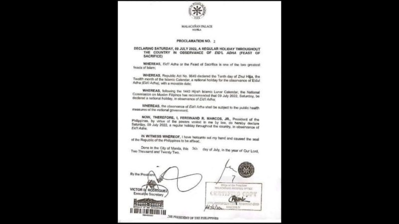 July 9 idineklarang regular holiday ng Malakanyang bilang paggunita sa Eid’l Adha