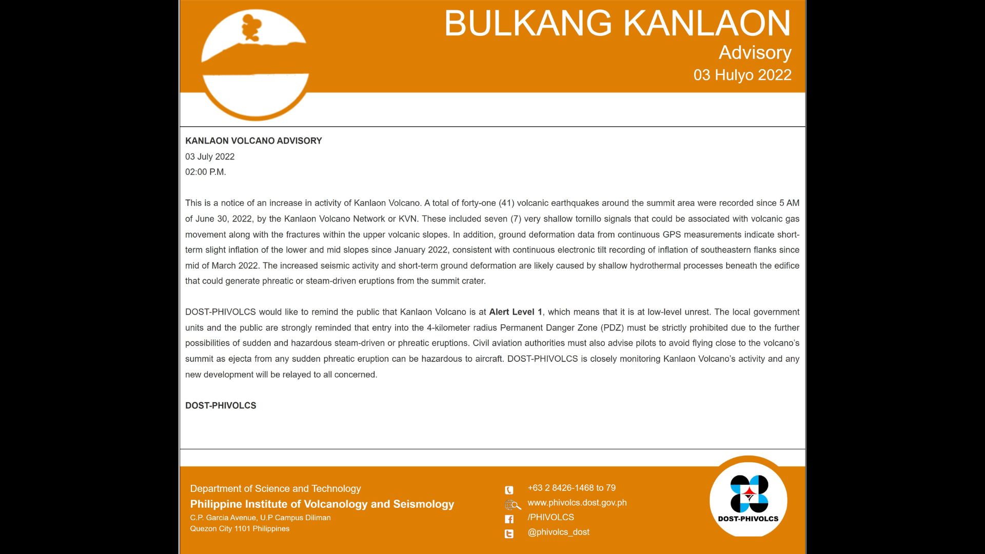 Phivolcs nakapagtala ng pagtaas ng aktibidad ng Mt. Kanlaon