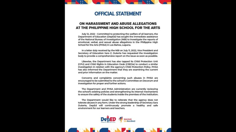 DepEd pinaiimbestigahan sa NBI ang umano ay insidente ng pang-aabuso sa Philippine High School for the Arts