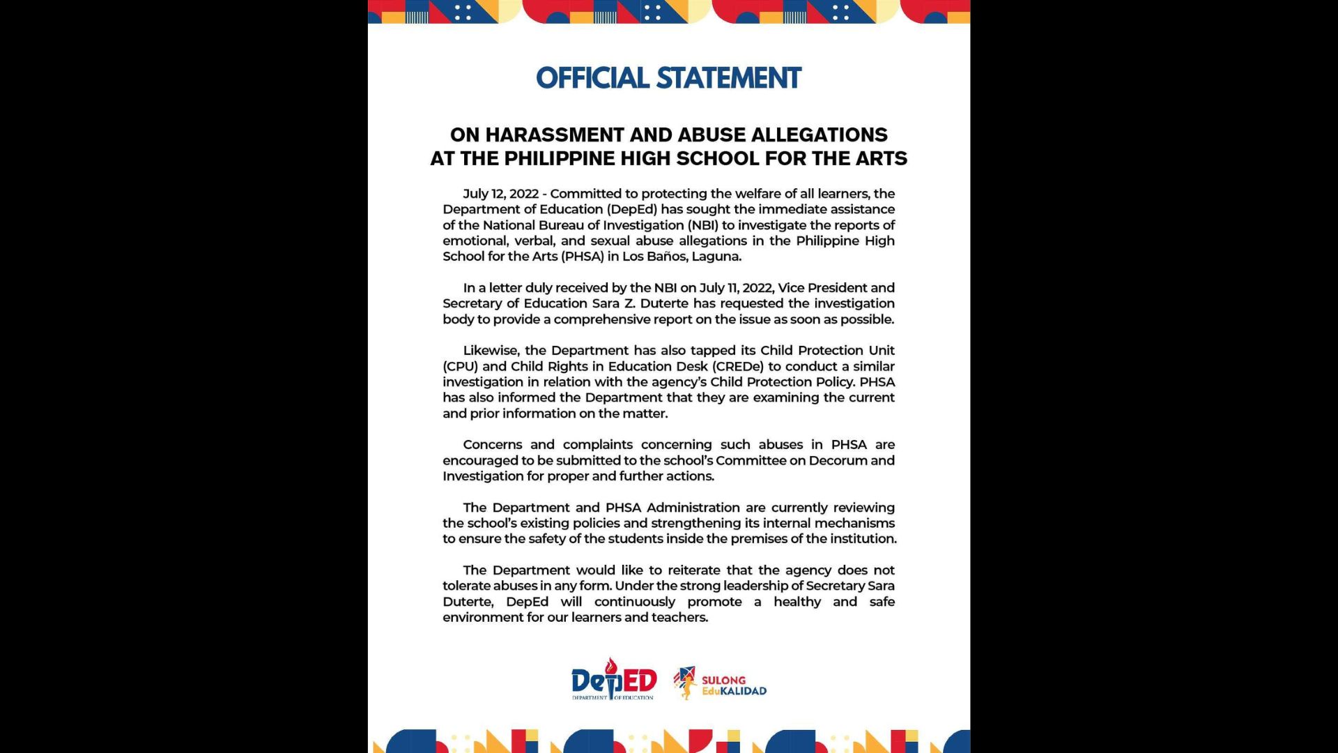 DepEd pinaiimbestigahan sa NBI ang umano ay insidente ng pang-aabuso sa Philippine High School for the Arts