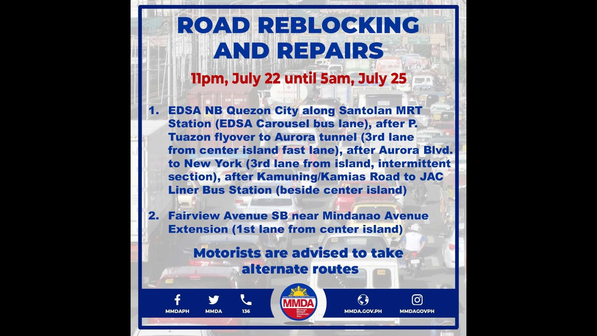 Ilang bahagi ng EDSA apektado ng road reblocking at repairs ng DPWH ngayong weekend