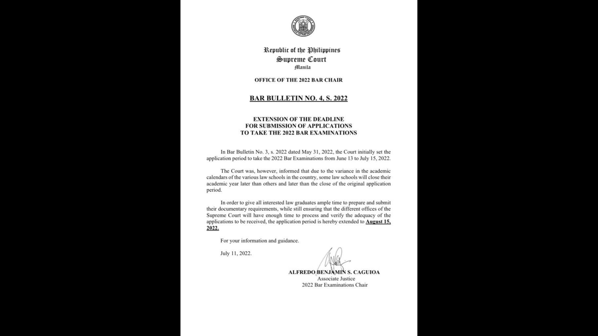 Paghahain ng aplikasyon para sa 2022 Bar exam pinalawig ng SC