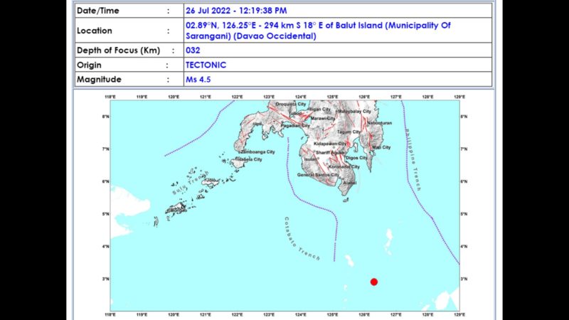 Sarangani, Davao Occidental niyanig ng magnitude 4.5 na lindol