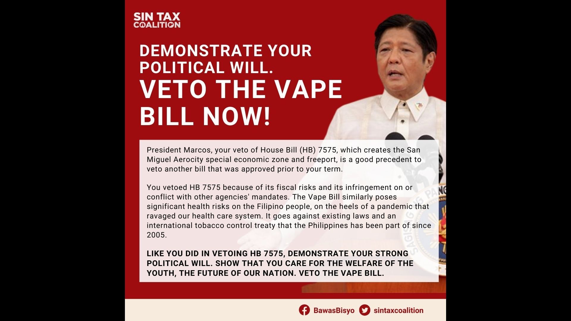 Panawagan ng Sin Tax Coalition kay PBBM, “magpakita ng political will at i-veto ang Vape Bill”