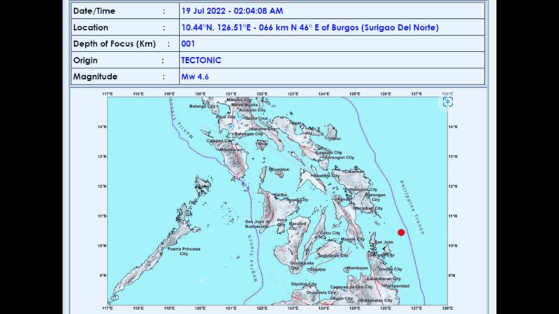 Surigao del Norte niyanig ng magnitude 4.6 na lindol