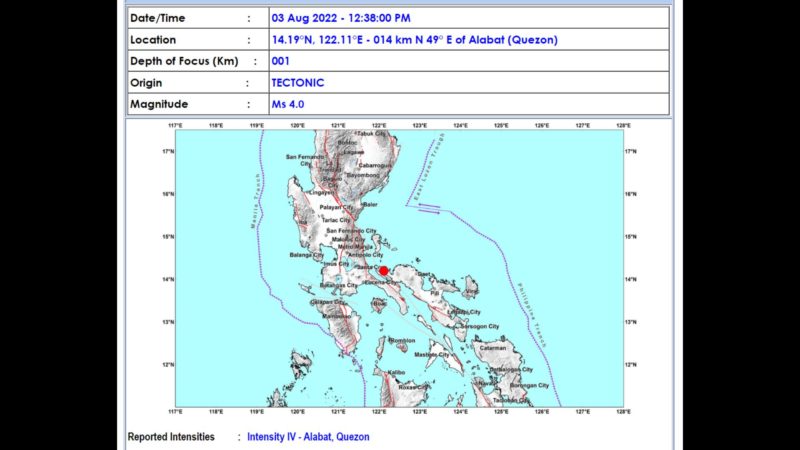 Quezon niyanig ng magnitude 4.0 na lindol; Intensity IV naitala sa bayan ng Alabat