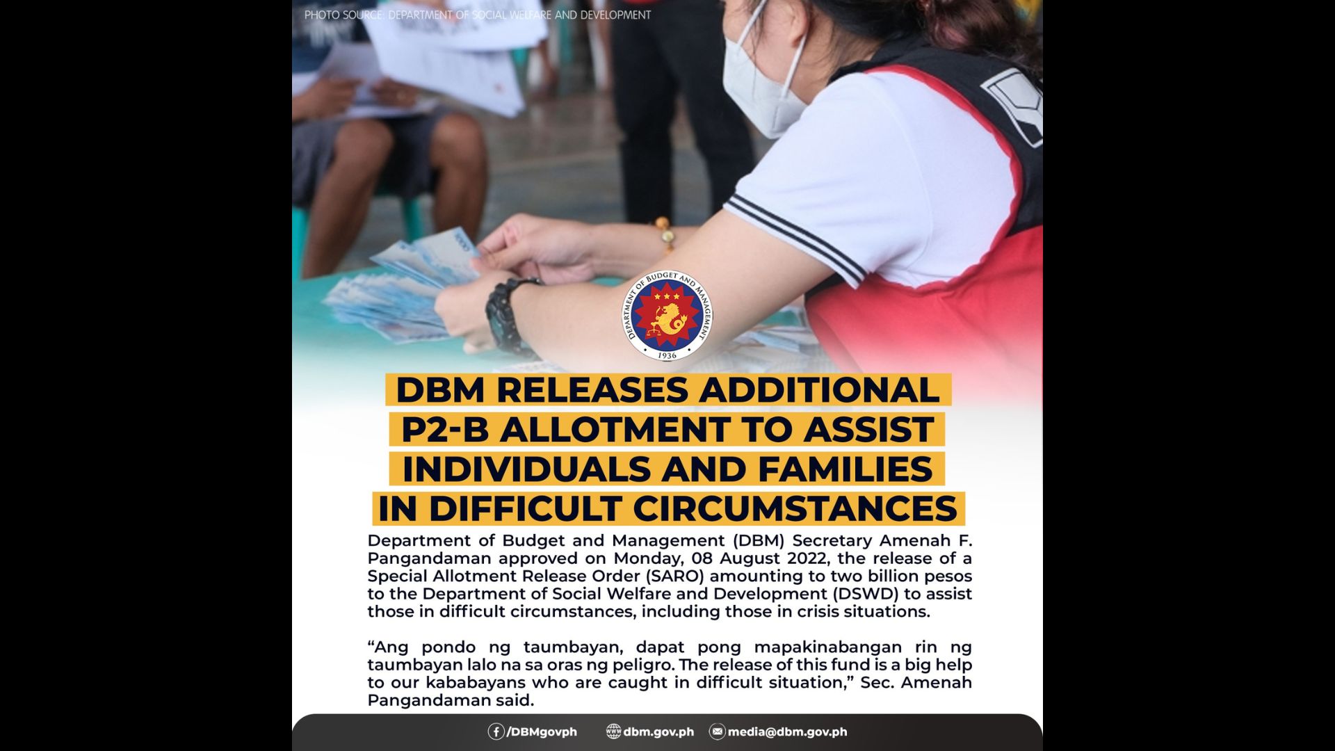 Karagdagang P2B na pondo para sa Assistance to Individuals in Crisis Situation Program ng DSWD inilabas ng DBM