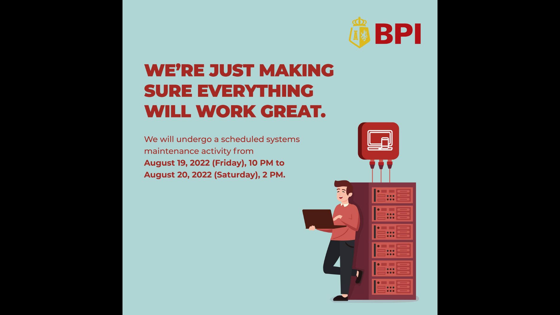 BPI may systems maintenance sa Aug. 19-20; ilang serbisyo kabilang ang ATM, online at Mobile App hindi magagamit