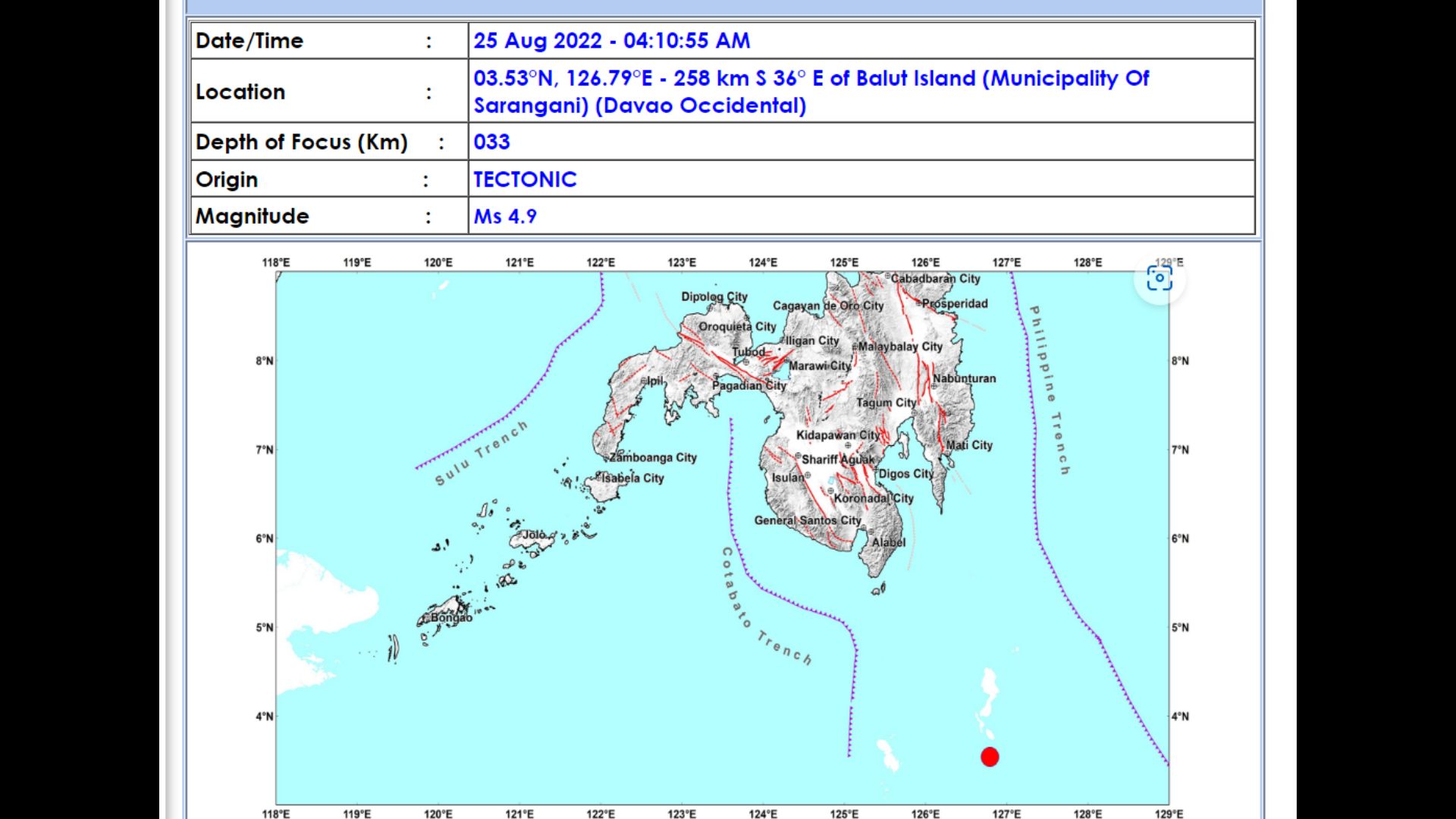 Sarangani, Davao Occidental niyanig ng magnitude 4.9 na lindol