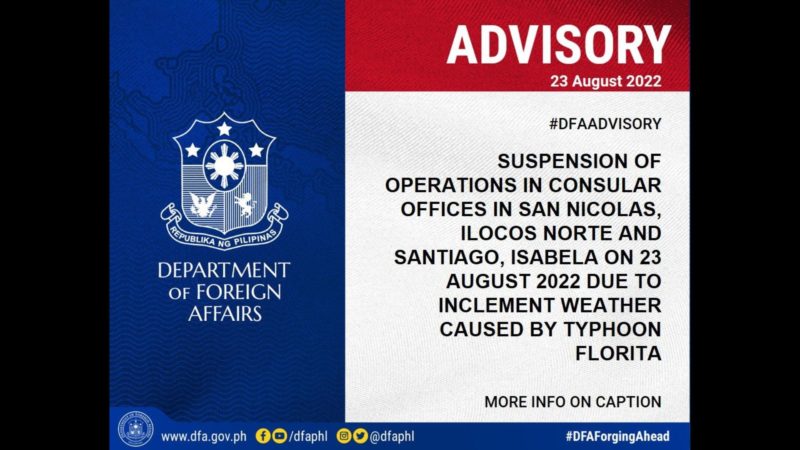 Operasyon ng Consular Office ng DFA sa Ilocos Norte at Isabela sinuspinde dahil sa sama ng panahon