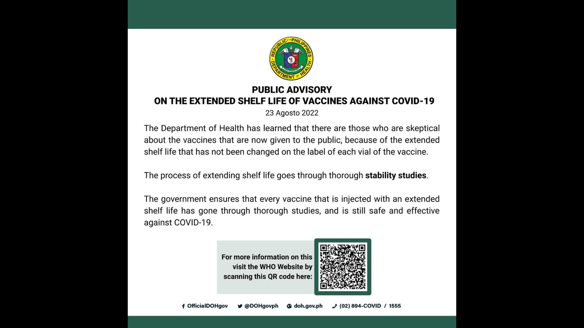 DOH tiniyak na ligtas pa ring gamitin ang mga bakuna na nabigyan ng extended shelf life