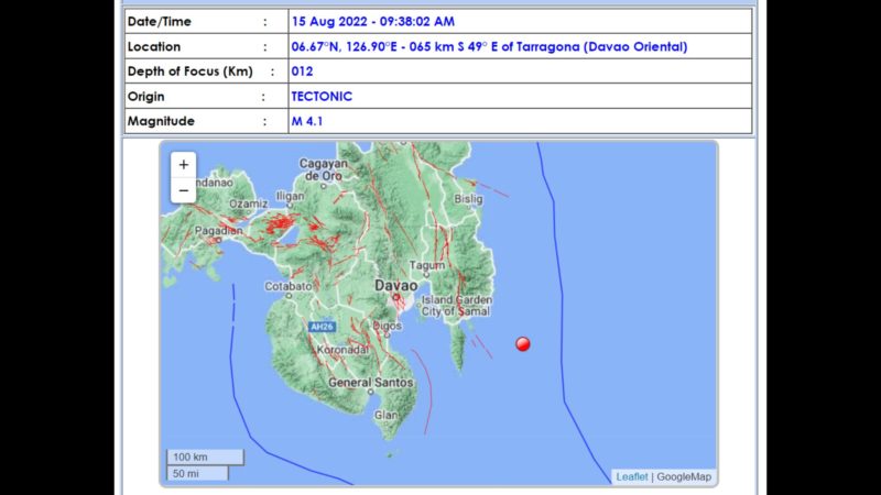 Magnitude 4.1 na lindol naitala sa Davao Oriental