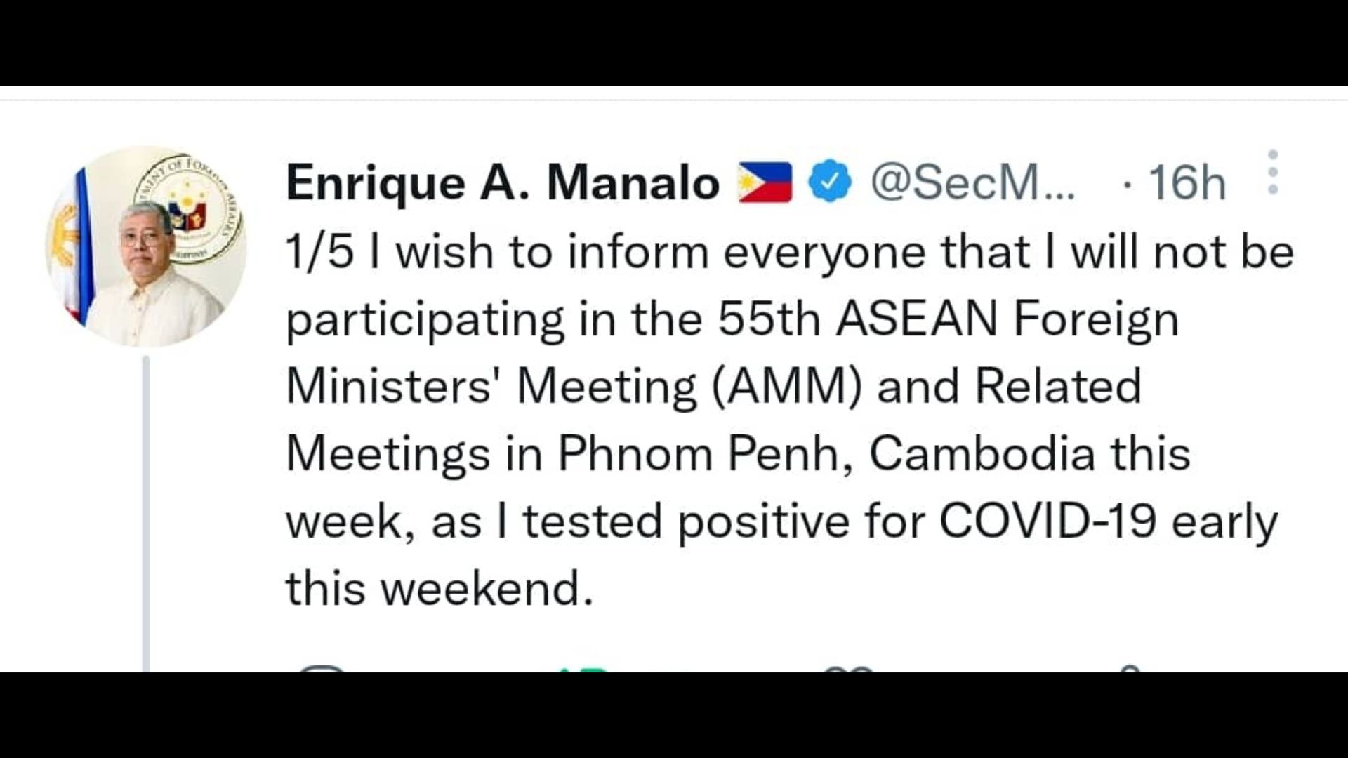 DFA Sec. Enrique Manalo hindi makadadalo sa ASEAN Foreign Ministers’ Meeting makaraang magpositibo sa COVID-19