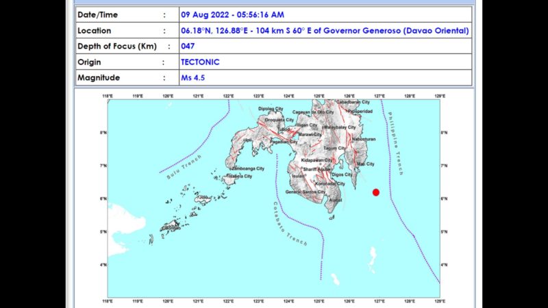 Governor Generoso, Davao Oriental niyanig ng magnitude 4.5 na lindol