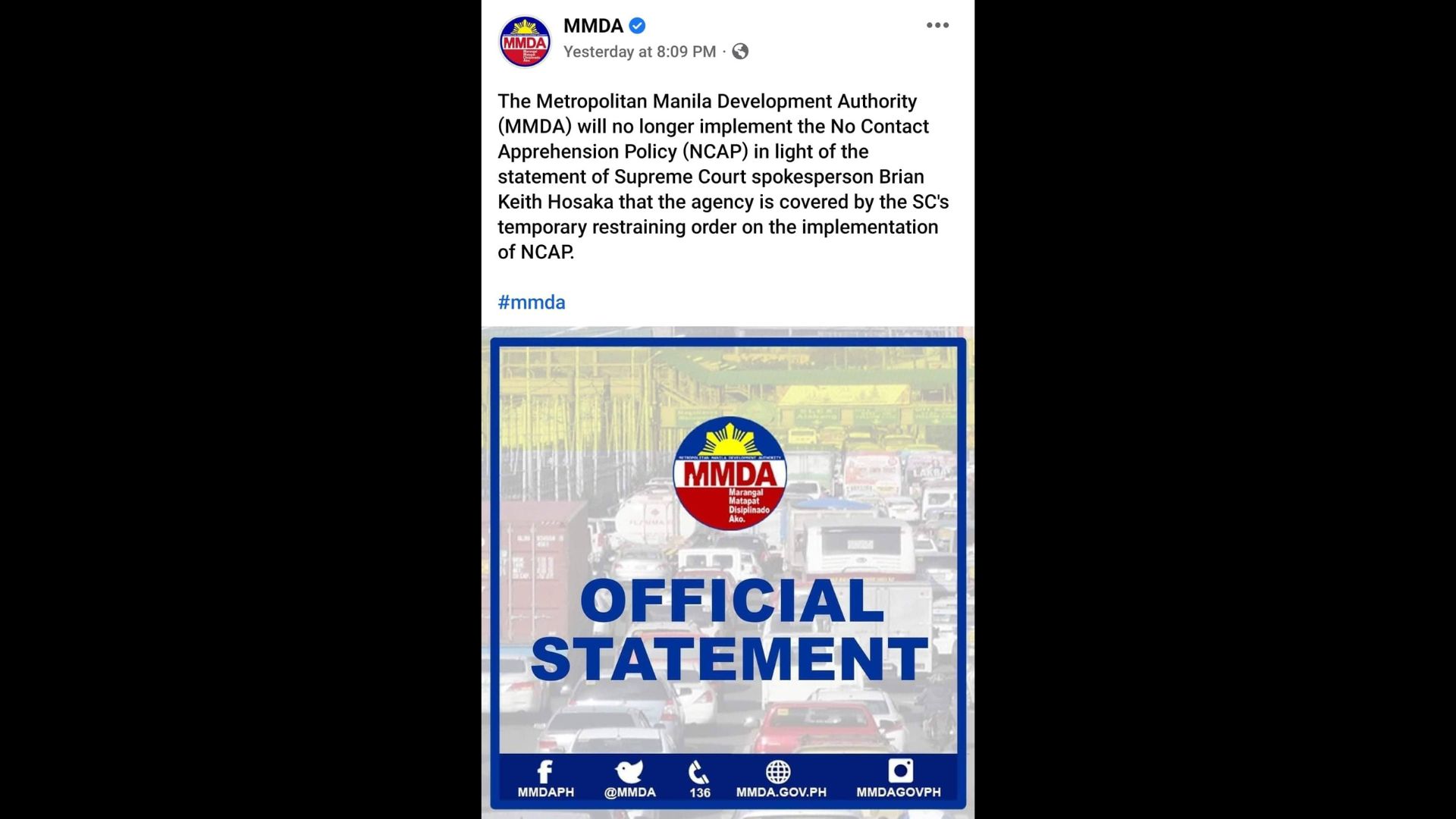 Pagpapatupad ng No Contact Apprehension Policy ihihinto muna ng MMDA