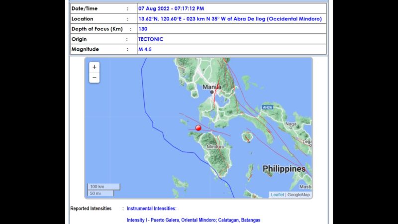 Abra De Ilog, Occidental Mindoro niyanig ng magnitude 4.5 na lindol