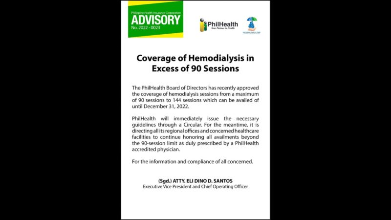 Coverage para sa hemodialysis sessions pinalawig pa ng PhilHealth