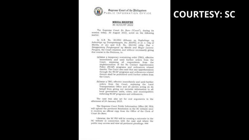 SC nagpalabas ng TRO sa pagpapatupad ng No Contact Apprehension Policy