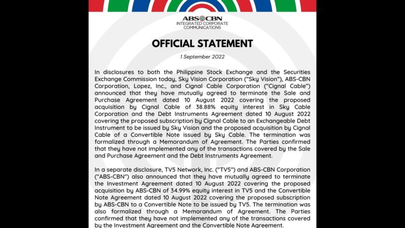 ABS-CBN at TV5 nagkasundong i-terminate ang kanilang investment deal