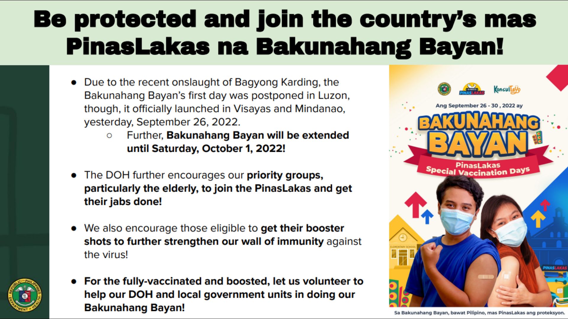 Bakunahang Bayan pinalawig ng DOH hanggang Oct. 1