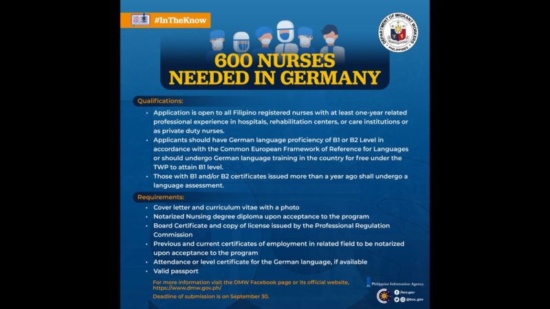 Germany nangangailangan ng 600 Pinoy nurses