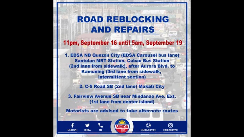 Ilang pangunahing lansangan sa Metro Manila sasailalim sa weekend road reblocking