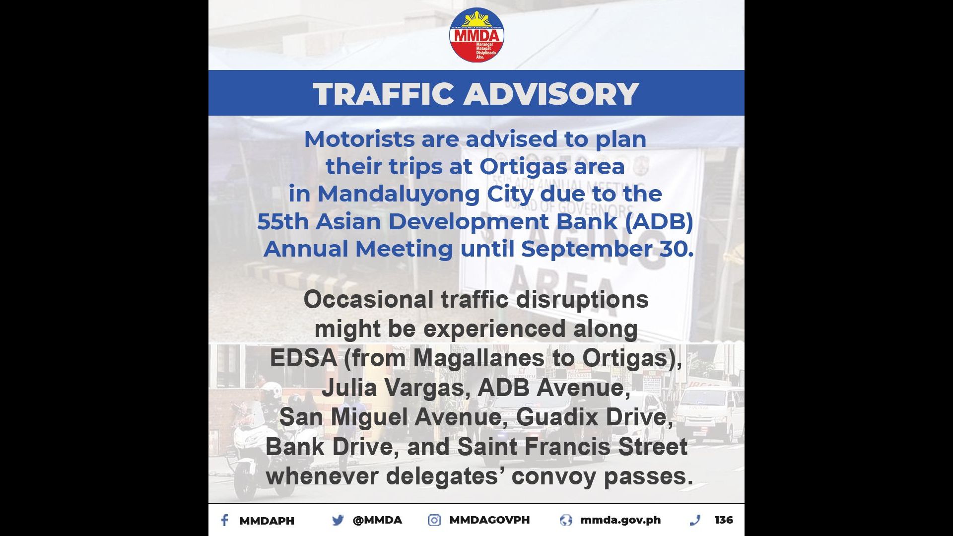 Mga motorista inabisuhan sa mararanasang traffic dahil sa idinadaos na ADB Annual Meeting