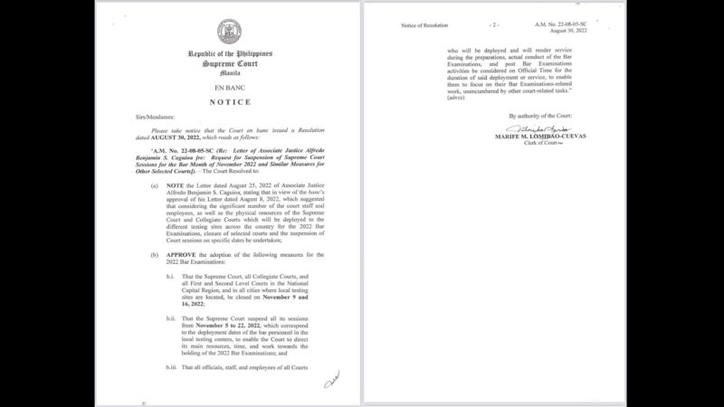 Supreme Court sessions na nakatakda mula Nov. 5 hanggang Nov. 22, 2022 sinuspinde ng Korte Suprema