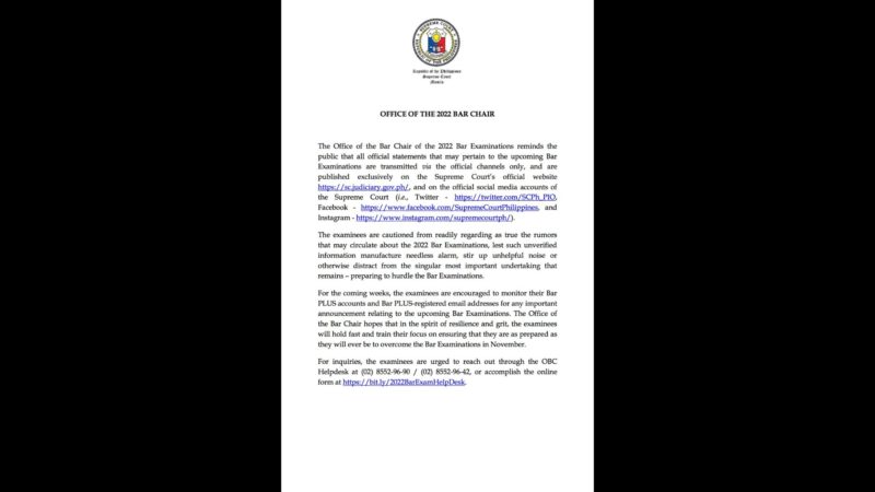 Examinees binalaan sa mga hindi beripikadyong impormasyon na ipinakakalat tungkol sa idaraos na Bar Examinations