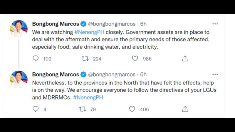 Pangulong Marcos tiniyak ang tulong sa mga nasalanta ng Typhoon Neneng
