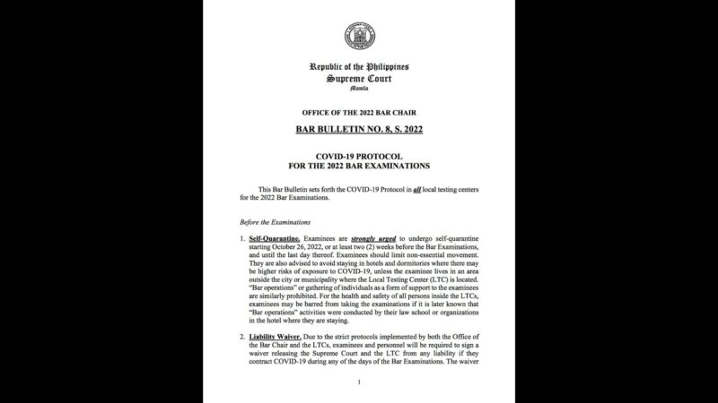 Mga kukuha ng 2022 Bar Exams, pinasasailalim sa quarantine simula Oct. 26; bar ops mahigpit na ipagbabawal