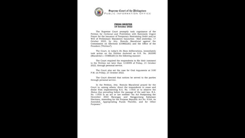 Korte Suprema nagtakda ng oral arguments sa inihaing petisyon na kumukwestyon sa pag-suspinde sa Barangay at SK elections