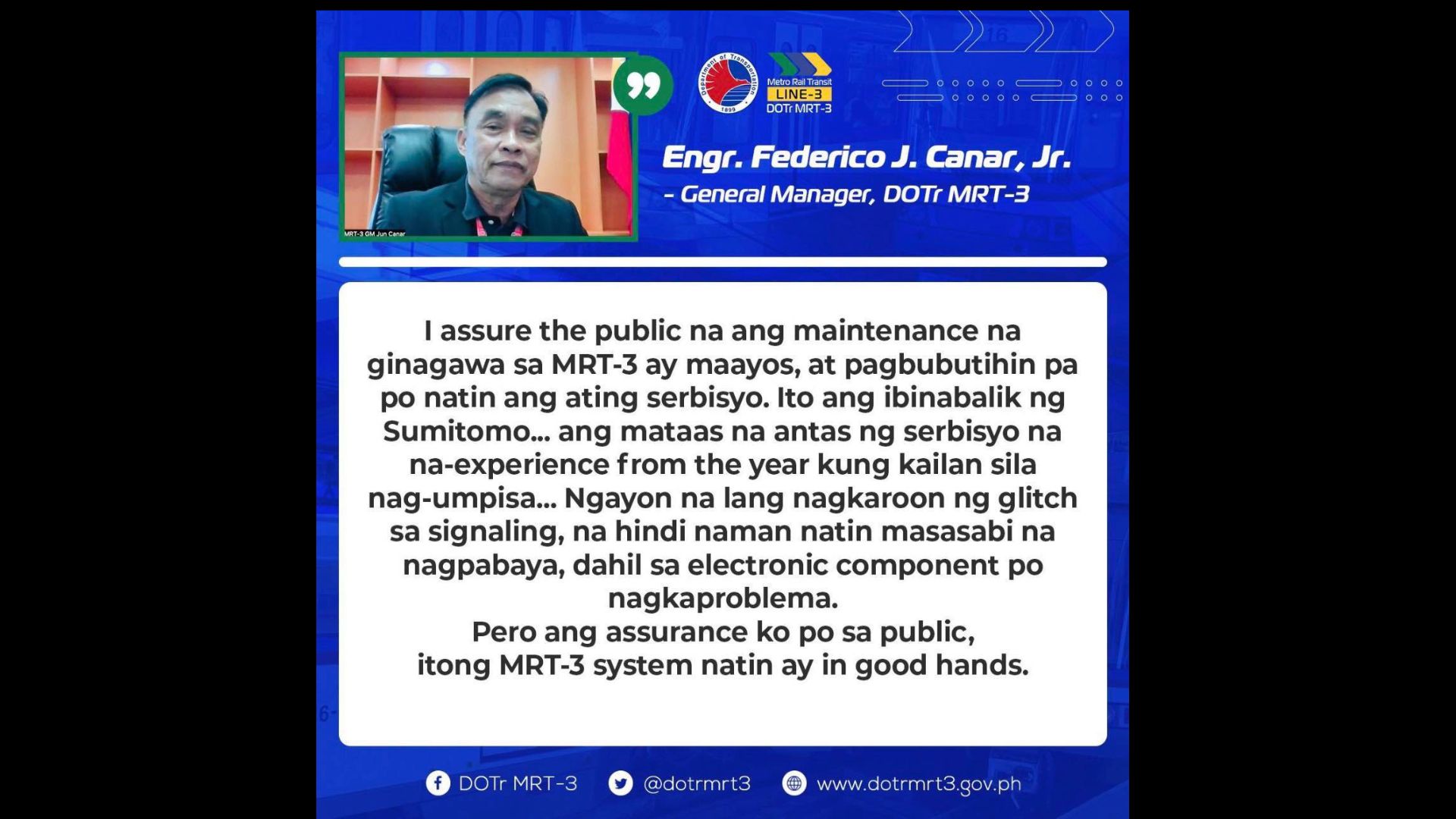 Pamunuan ng MRT-3 tiniyak ang sigurado at ligtas na operasyon matapos ang aberya noong Martes