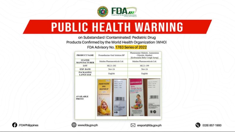 Publiko binalaan ng FDA sa pagbili ng 4 na brand ng pambatang cough syrup na gawa sa India