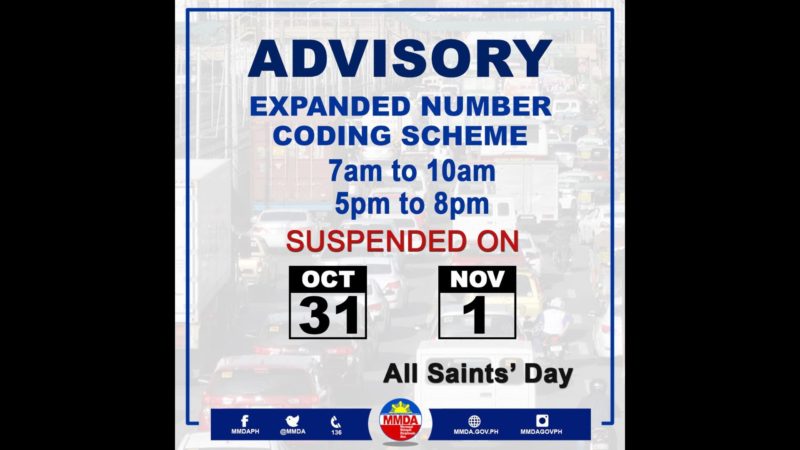 Number coding suspendido sa Oct. 31 at Nov. 1 ayon sa MMDA