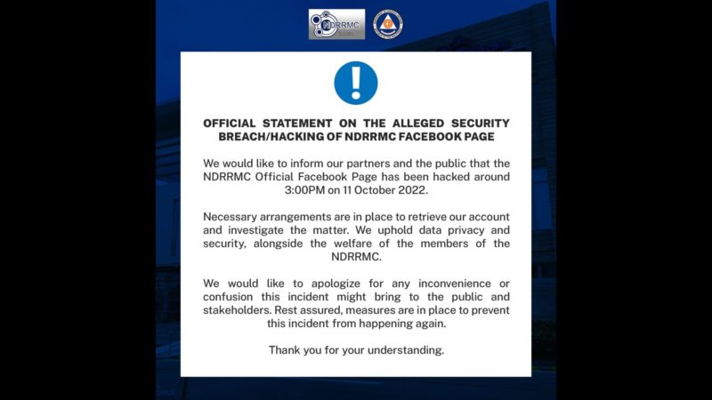 NDRRMC Facebook page napasok ng hacker