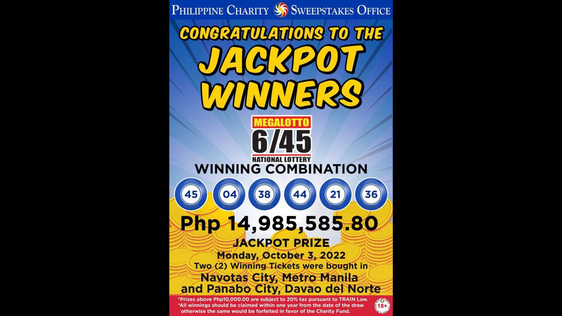 P14.9M na jackpot prize sa Mega Lotto napanalunan ng dalawang mananaya