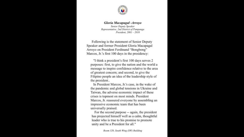 Pagulong Marcos ipinakita ang pagiging “calm, thoughtful leader” sa unang 100-araw sa puwesto ayon kay Congw. Arroyo
