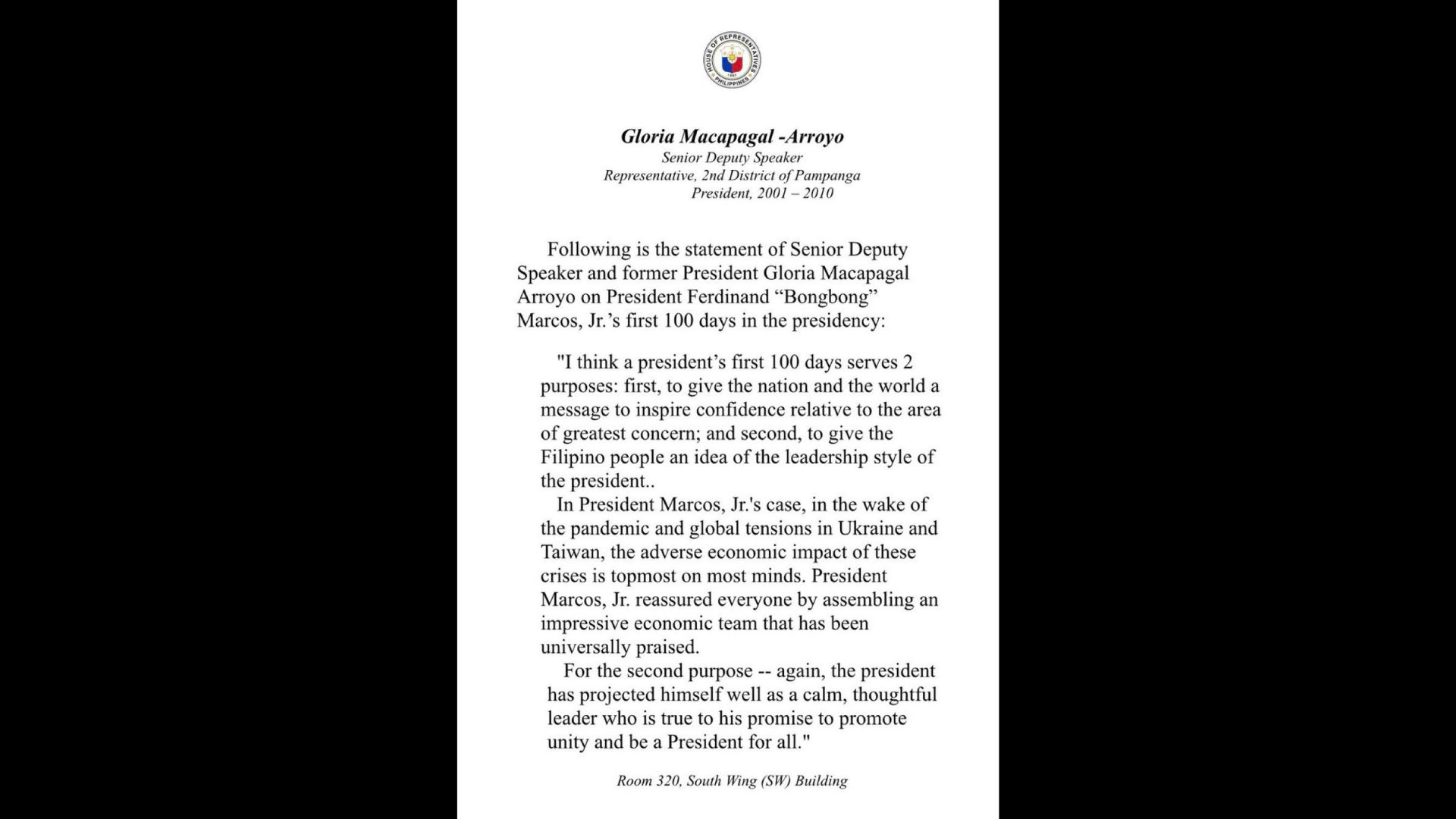 Pagulong Marcos ipinakita ang pagiging “calm, thoughtful leader” sa unang 100-araw sa puwesto ayon kay Congw. Arroyo