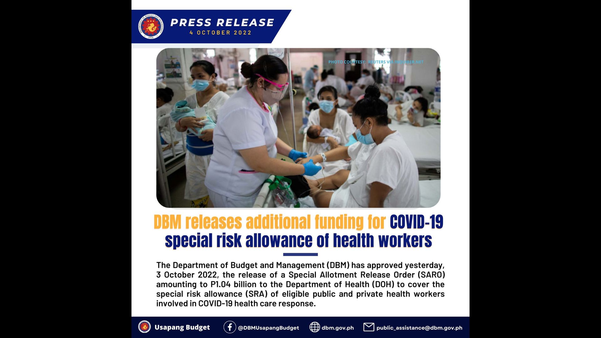 P1.04B na budget para sa COVID-19 special risk allowance ng mga health workers inaprubahan na ng DBM