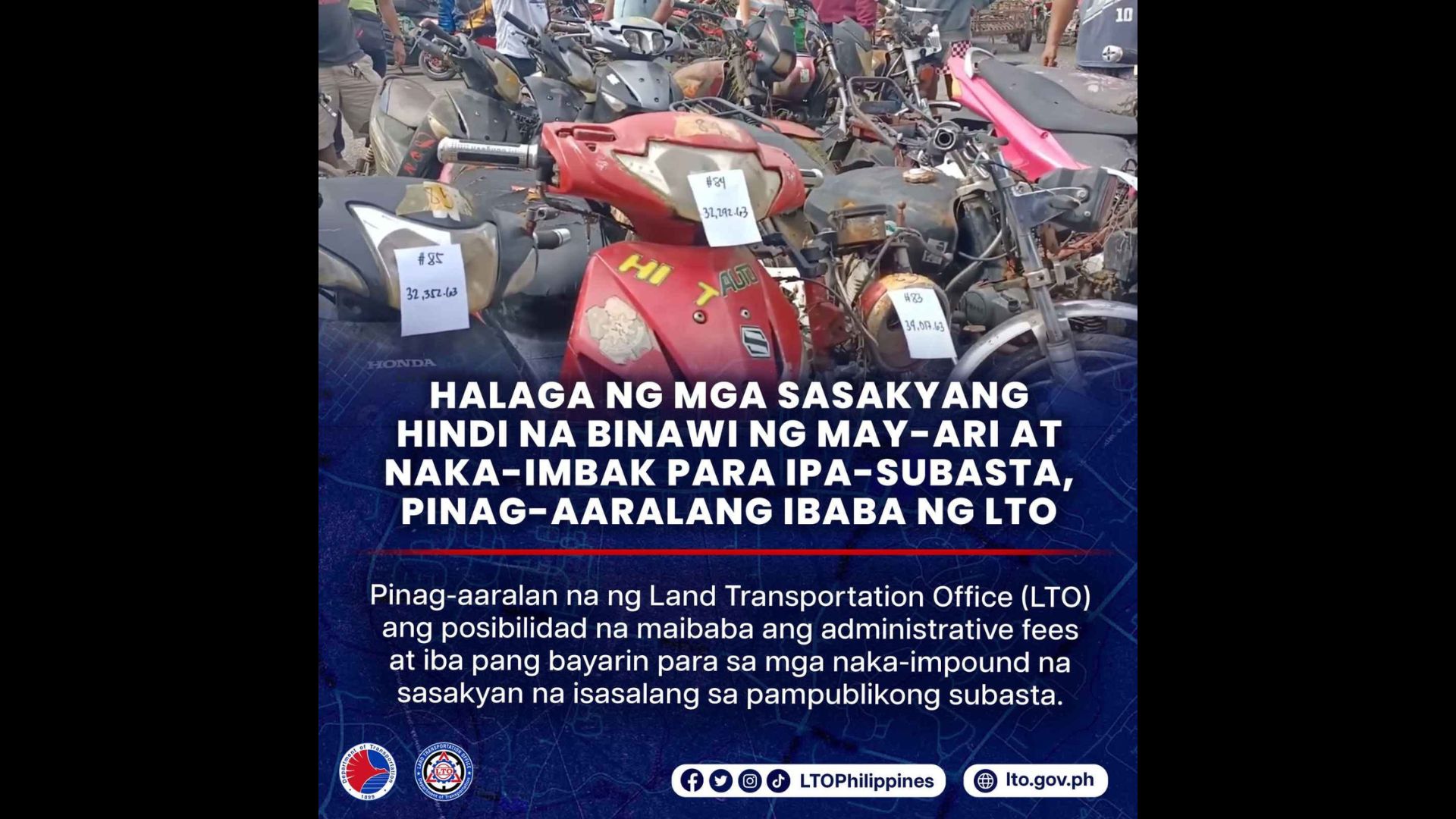 Halaga ng mga sasakyang hindi na binawi ng may-ari at naka-imbak para ipa-subasta, pinag-aaralang ibaba ng LTO