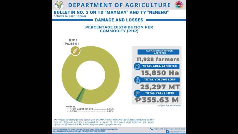 Halaga ng pinsala ng bagyong Maymay at neneng sa agrikultura umakyat na sa P355.63M